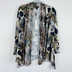 Jerry T Cardigan Sweater Medium Printed Chiffon Trim Open Front